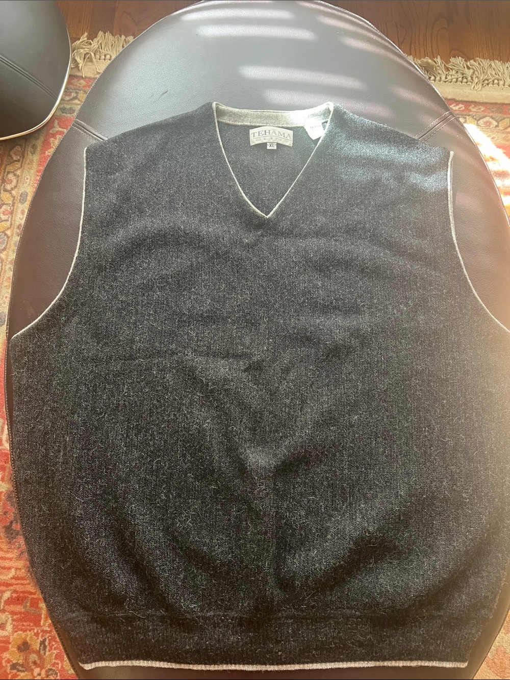 TEHAMA Men's V-Neck Sweater Vest in Charcoal with Contrast Trim 80% baby alpaca